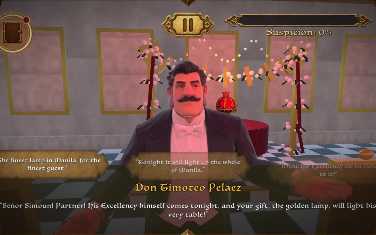 In the game: Don Timoteo Pelaez speaks and Simoun picks one of three answers