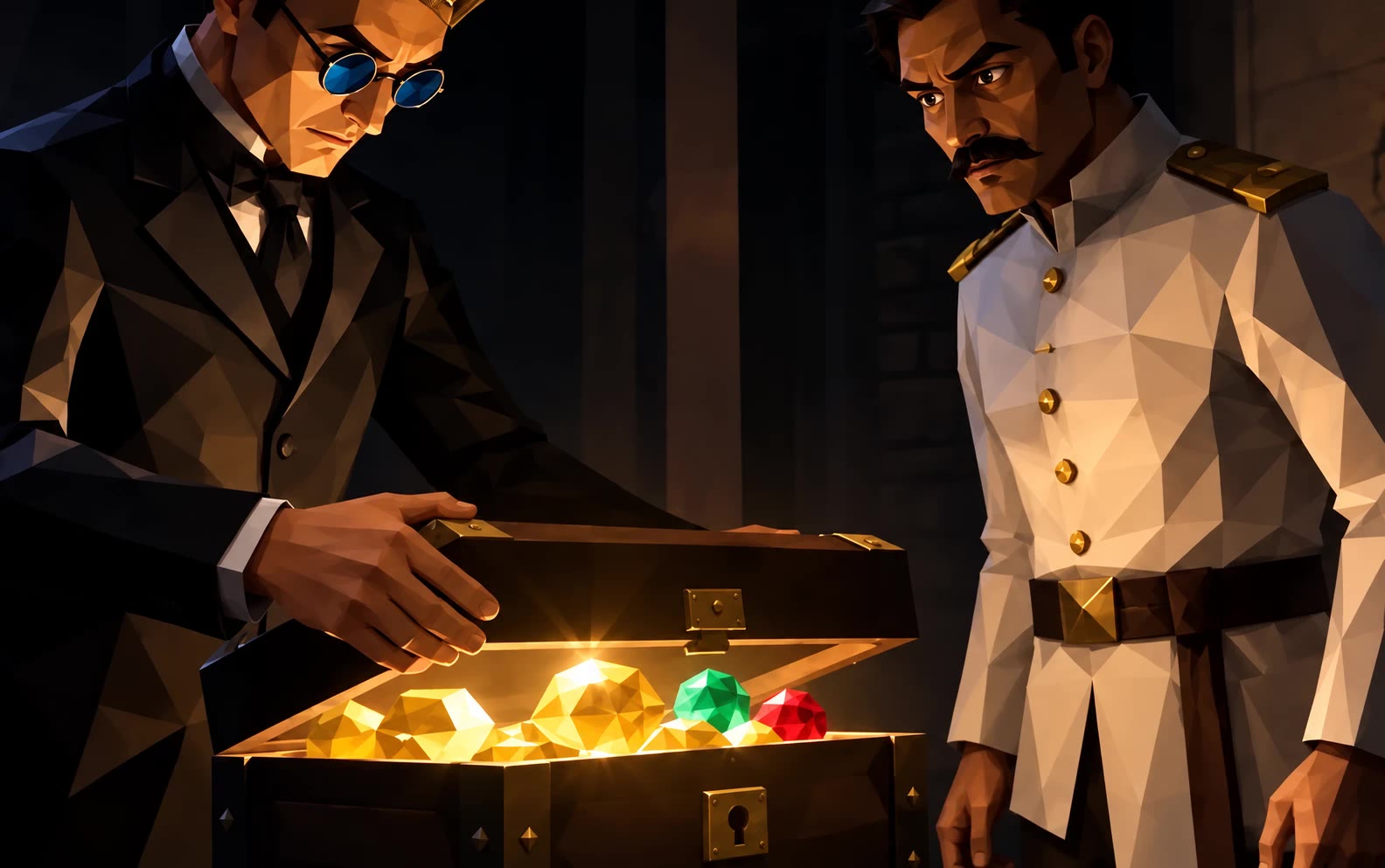 Simoun opening a chest of jewels beside an officer, from the LAMPARA trailer